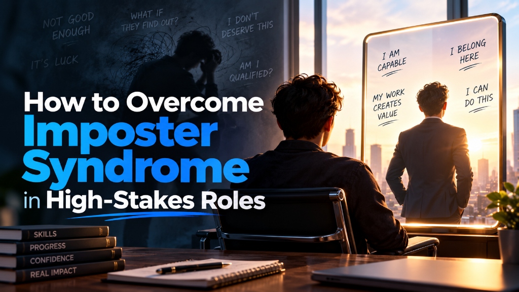 How to Overcome Imposter Syndrome in High Stakes Roles - Self-reflection mirror and executive confidence statements